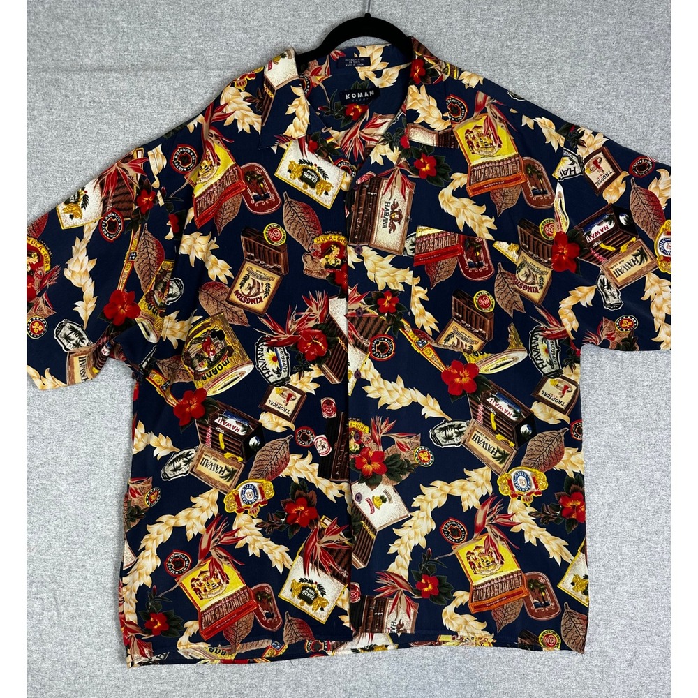 VTG Koman Sport Hawaiian Shirt Button Down Mens XXL Navy Fair Cigar Box Tropical